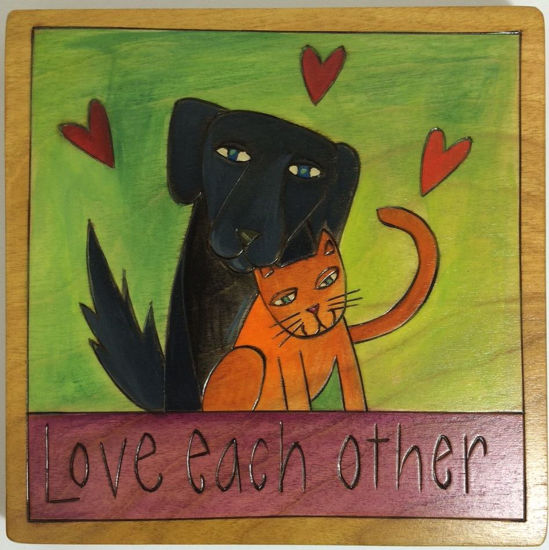 Love Each Other, Dog and Cat Small Wood Plaque by Sticks