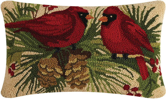 Holly Cardinals Duo Hook Wool Pillow by Peking Handicraft