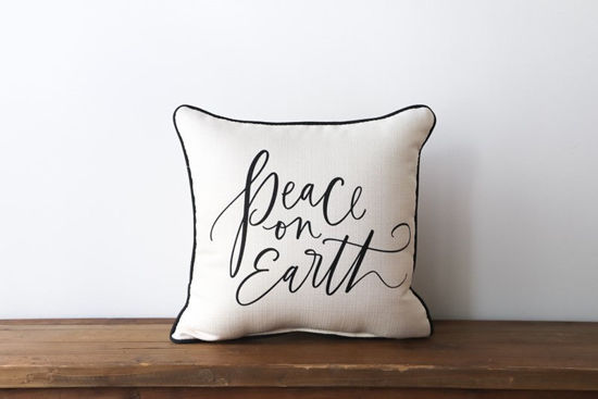 Peace on Earth Script Pillow (Piping black) by Little Birdie