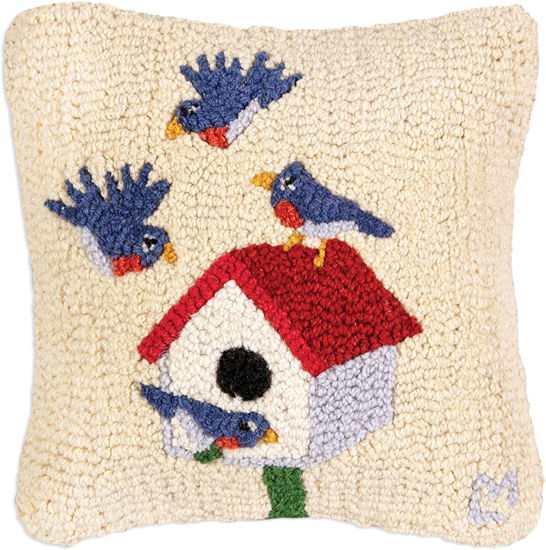Birdhouse with Bluebirds Hooked Pillow by Chandler 4 Corners