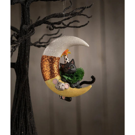 Party Kitty on Candy Corn Moon Ornament by Bethany Lowe Designs
