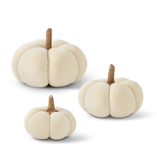 Cream Velvet Pumpkins w/Wood Stem Set of 3 by K & K Interiors
