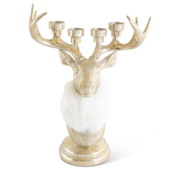 Antique Gold Deer Bust 4 Taper Candleholder w/Cream Fur by K & K Interiors