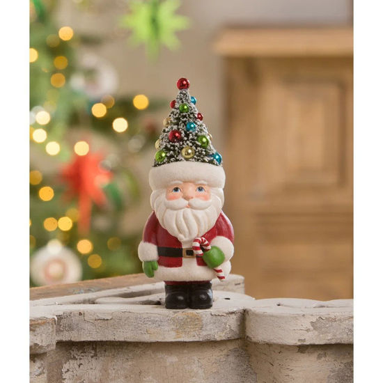 Retro Santa Holding Candy Cane with Tree Hat by Bethany Lowe