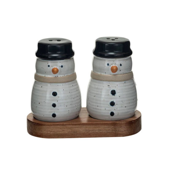 Snowmen Shaped Salt & Pepper Shakers w/ Acacia Wood Tray Set of 3 by Creative Co-op