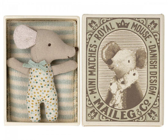 Sleepy/Wakey Baby Mouse in Matchbox - Blue by Maileg
