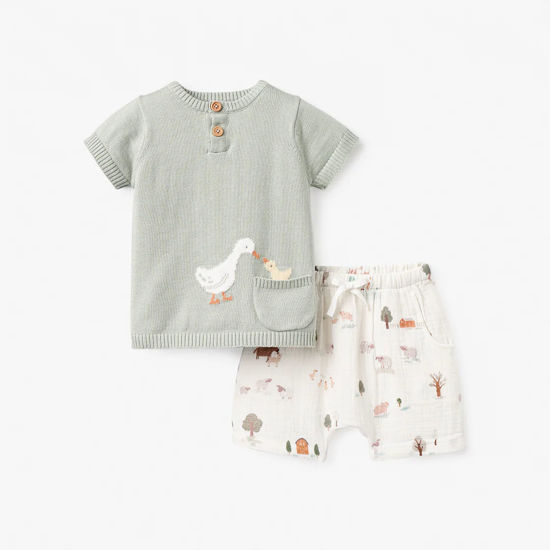 On the Farm Knit Henley Top & Muslin Shorts by Elegant Baby