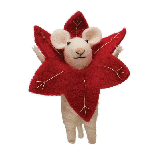 Poinsettia Wool Felt Mouse - Red with White Mouse by Creative Co-op