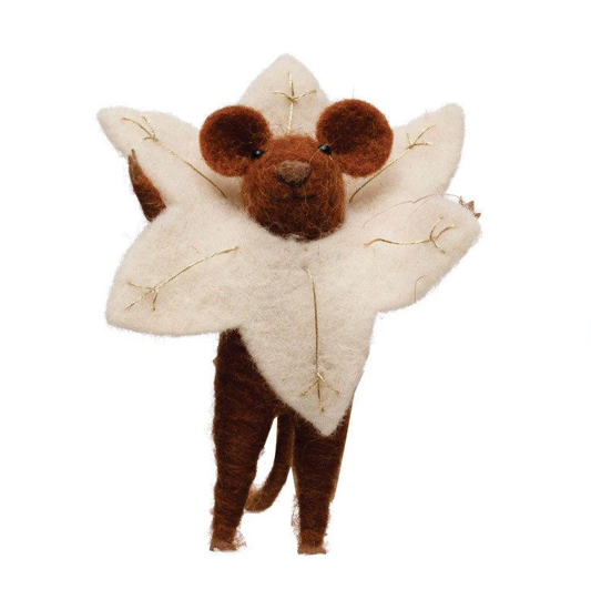 Poinsettia Wool Felt Mouse - White with Brown Mouse by Creative Co-op