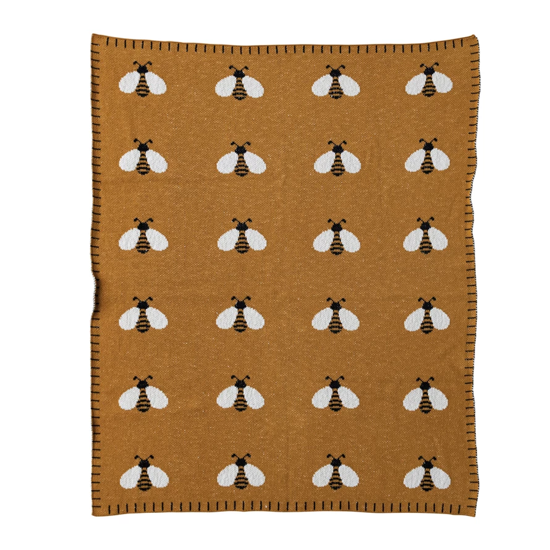 Cotton Knit Mustard Color Baby Blanket with Bees by Creative Co-op