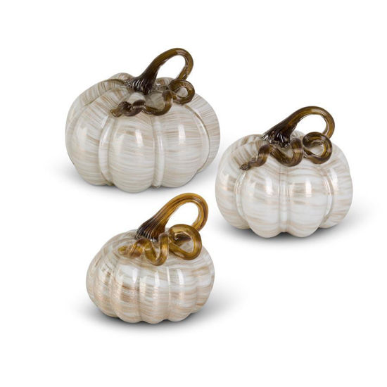 Cream and Gold Swirl Handblown Glass Pumpkins Set of 3 by K & K Interiors