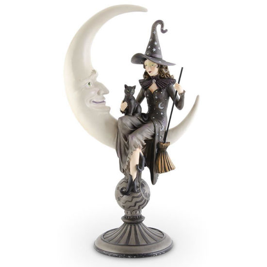 Crescent Moon with Sitting Witch & Black Cat on Pedestal by K & K Interiors