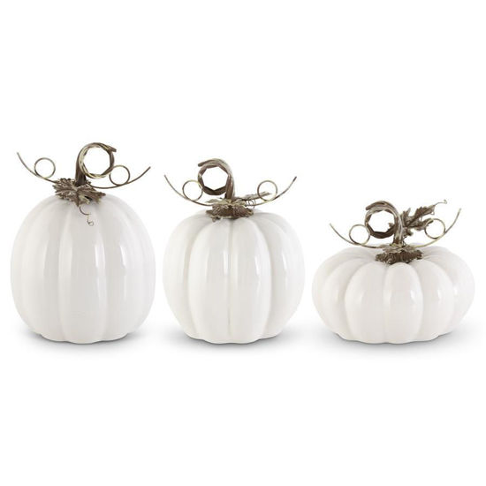 White Ceramic Pumpkins with Metal Stems Set of 3by K & K Interiors