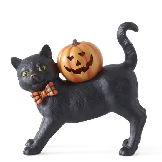 Black Resin Cat with Bow Tie & LED Jack O Lantern by K & K Interiors