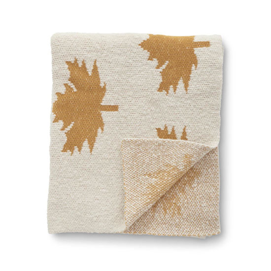 Cream Cotton Knit Throw Blanket with Yellow Leaves by K & K Interiors
