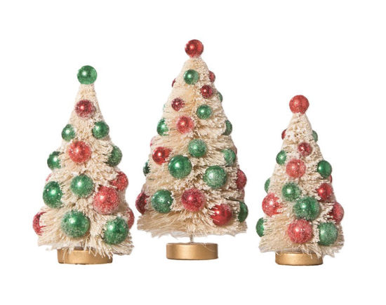 White Bottle Brush Trees with Red and Green Beads Set by Bethany Lowe